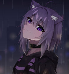  1girl absurdres ahoge animal_ear_fluff animal_ears black_choker black_hoodie cat_ears cat_girl choker closed_mouth commentary_request highres hololive hood hoodie medium_hair nekomata_okayu nekomata_okayu_(1st_costume) purple_hair rain smile solo tenpa_illust violet_eyes virtual_youtuber 