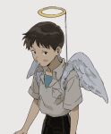  1boy black_eyes black_pants blue_shirt breast_pocket brown_hair collared_shirt commentary fake_halo fake_wings grey_background grey_shirt halo highres ikari_shinji kgeroua light_blush looking_at_viewer male_focus neon_genesis_evangelion pants pocket shirt short_hair short_sleeves simple_background solo undershirt upper_body wings 