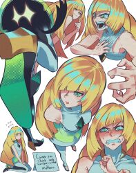  1girl absurdres andrich_galam angry black_leggings blonde_hair blush claw_pose clenched_teeth commentary cropped_torso crying dress embarrassed english_commentary english_text fangs foreshortening from_above from_below full_body gem gradient_clothes gradient_dress green_dress green_eyes green_gem hair_over_one_eye high_heels highres leggings long_hair looking_to_the_side lusamine_(pokemon) mature_female mimikyu multiple_views open_mouth pokemon pokemon_sm pulling_own_clothes revision seiza sitting sleeveless sleeveless_dress sparkle streaming_tears sweat sweatdrop tears teeth two-tone_leggings upper_body v_arms white_dress white_leggings z-move 