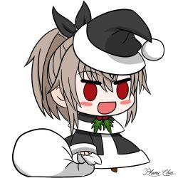  1girl :d absurdres artist_name bag black_capelet black_dress black_hat blush_stickers boots brown_boots brown_hair capelet chibi commentary dress english_commentary eydis_(sao) full_body hair_between_eyes hat high_ponytail highres holding holding_bag long_hair meme neck_mistletoe o_o padoru_(meme) parted_bangs phanuchan pom_pom_(clothes) ponytail red_eyes santa_hat sidelocks signature simple_background smile solo sword_art_online sword_art_online:_alicization sword_art_online:_unleashed_blading transparent_background two-tone_capelet two-tone_dress two-tone_headwear white_bag white_capelet white_dress white_hat 