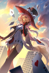 1girl absurdres ace_(playing_card) ace_of_hearts ace_of_spades animal_on_head arnocn bag bare_shoulders bird bird_on_head black_hat blue_sky blurry blurry_background building card clouds commentary_request dress dutch_angle elbow_gloves evening feet_out_of_frame floating_hair from_below front_ponytail garter_straps gloves gradient_sky grin hand_up hat heart highres long_hair looking_to_the_side low_ponytail on_head one_eye_closed orange_sky outdoors pencil_dress pink_eyes pink_hair playing_card ponytail qiaoshou_(xinyue_tongxing) red_bag red_gloves red_thighhighs short_dress shoulder_bag sky smile solo spade_(shape) teeth thigh-highs top_hat turning_head walking white_bird white_dress xinyue_tongxing 