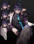  1boy absurdres asymmetrical_horns black_hair black_horns black_pants black_shirt blazer blue_eyes blue_necktie collared_shirt crossed_legs grey_pants highres horns jacket kkuekkue_(chifer1958) male_focus necktie nijisanji nijisanji_en official_art open_clothes open_jacket pants ren_zotto school_uniform shirt shirt_tucked_in solo uneven_horns virtual_youtuber white_jacket 