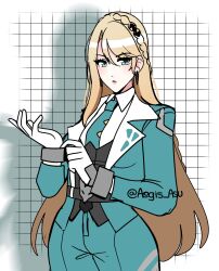  1girl aegis_asu blonde_hair blue_necktie blue_suit braid crown_braid earrings eiyuu_densetsu elaine_auclair english_commentary gloves green_eyes grid_background hair_between_eyes highres jewelry kuro_no_kiseki_(series) long_hair long_sleeves looking_at_viewer marvel marvel_rivals necktie parted_lips pink_lips simple_background solo suit swept_bangs twitter_username upper_body very_long_hair vest waistcoat white_fox_(marvel) white_gloves 