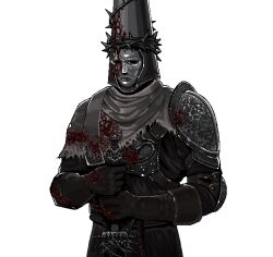  1boy armor black_gloves blasphemous blood_on_armor commentary gd1lv gloves helmet holding holding_weapon male_focus penitent_one shoulder_armor simple_background solo thorns upper_body weapon white_background 