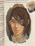  1other arabic_text artist_name brown_eyes brown_hair collared_shirt cropped_head expressionless eyelashes glasses hange_zoe highres looking_ahead photo_(medium) ponytail shingeki_no_kyojin shirt short_hair solo tafart teabag 