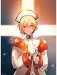  1boy blonde_hair bow cross earpiece ensemble_stars! gloves glowing greek_cross hair_between_eyes hands_up haun high_collar highres jacket male_focus microphone nito_nazuna orange_eyes own_hands_together parted_lips short_hair smile solo upper_body white_jacket 