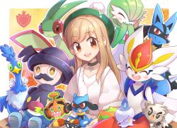 1girl alternate_costume alternate_hair_color alternate_hair_length alternate_hairstyle ball black_choker blonde_hair blue_fire blush bright_pupils brown_eyes choker cinderace closed_eyes closed_mouth collarbone commentary_request cramorant curry curry_rice eyelashes facial_hair fangs fire flygon food gardevoir gloria_(pokemon) green_eyes green_hat hands_on_own_face hat houjicha_p kubfu litwick lucario mr._rime mustache nostrils open_mouth outline plate pokemon pokemon_(creature) pokemon_swsh pom_pom_(clothes) red_eyes rice riolu rotom rotom_(mow) sharp_teeth sitting smile tam_o'_shanter teeth upper_teeth_only v-shaped_eyebrows white_outline white_pupils yellow_eyes 
