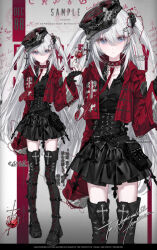  1girl absurdly_long_hair aegyo_sal ankh belt belt_pouch black_belt black_boots black_corset black_dress black_hat blue_eyes boots collar commission corset crinoline cropped_jacket cross cross_earrings cross_print dress earrings fashion full_body goth_fashion gothic_punk hat highres jacket jewelry long_hair long_sleeves mihuashi_commission necktie nnk_(nongnong) open_clothes open_jacket original pouch red_collar red_jacket red_necktie standing thigh_boots very_long_hair watermark white_hair zoom_layer 