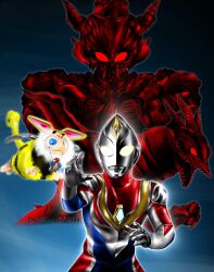  1boy alien arwon black_fur blue_eyes blue_skin chest_guard claws color_timer colored_skin commentary compound_eyes cropped_torso crystal dorsal_fin fighting_stance flying forehead_jewel garaon giant giant_male glowing glowing_eyes gradient_background hands_up hanejidyna86 hanejiro highres horns kaiju looking_at_viewer male_focus monster mouth_hold multicolored_fur multicolored_skin no_pupils one-z open_hands open_mouth pectorals red_skin sharp_teeth silver_skin solo_focus teeth tokusatsu toned toned_male twitter_username ultra_series ultraman_dyna ultraman_dyna_(flash_type) ultraman_dyna_(series) upper_body white_eyes white_fur wings wrinkled_skin yellow_fur 