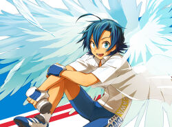  1boy ahoge angel_wings bike_shorts blue_eyes blue_hair blue_shorts commentary_request fingerless_gloves gloves hair_between_eyes looking_at_viewer male_focus manami_sangaku mecyo_(mamezurushiki) open_mouth shoes short_hair shorts sitting sneakers solo wings yowamushi_pedal 
