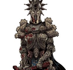  1girl armor black_cape blasphemous blood_on_armor boobplate cape commentary crisanta_of_the_wrapped_agony facing_viewer gd1lv holding holding_sword holding_weapon shoulder_armor simple_background solo straight_hair sword weapon white_background 