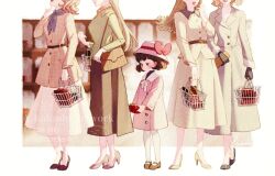  5girls age_difference bag belt black_belt black_gloves black_skirt blonde_hair blue_neckerchief blush bow bowtie box box_of_chocolates brown_dress brown_eyes brown_hair brown_shoes bucket_hat buttons candy child chocolate commentary_request curly_hair dress eyes_out_of_frame finger_to_own_chin fluffy_hair food gloves green_dress green_shirt green_skirt grid_print handbag hat hat_bow head_out_of_frame heart heart-shaped_chocolate heart-shaped_food heart_button high_heels hinata_(echoloveloli) holding holding_chocolate holding_food long_hair long_sleeves looking_down mary_janes multiple_girls neckerchief odd_one_out original pantyhose pink_dress pink_hat pink_shoes puritan_collar red_bow red_lips shelf shirt shoes shopping_basket short_dress short_hair skirt skirt_under_dress sleeve_bow standing valentine watermark wavy_hair white_bow white_bowtie white_pantyhose white_skirt 