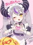  1girl alternate_costume apron black_dress blush braid choker dress enmaided fangs food frilled_apron frills grey_hair heart heart_hands highres hololive la+_darknesss maid maid_apron maid_day maid_headdress multicolored_hair neko_no_fuji omelet omurice one_eye_closed open_mouth pink_background pointy_ears puffy_short_sleeves puffy_sleeves purple_hair short_sleeves simple_background slit_pupils solo spiked_choker spikes streaked_hair striped_horns twintails virtual_youtuber wrist_cuffs yellow_eyes 