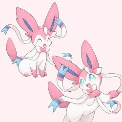  aqua_eyes blush bright_pupils cosmos3572 fang highres no_humans pink_background pokemon pokemon_(creature) pokemon_focus sitting smile sylveon white_pupils 