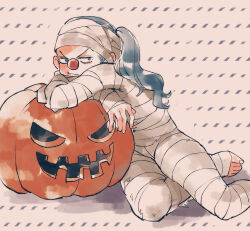  1boy abunaideka blue_eyes blue_hair buggy_the_clown closed_mouth clown_nose commentary_request foot_out_of_frame highres jack-o'-lantern long_hair looking_at_viewer male_focus mummy_costume one_piece solo 