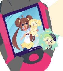  >_< +++ 1boy 1girl :d black_hat black_pantyhose bright_pupils brown_hair closed_eyes commentary constarlations curtis_(pokemon) double_bun english_commentary fidough green_hair hair_bun hat heart highres long_hair open_mouth pantyhose pokemon pokemon_(creature) pokemon_bw2 raglan_sleeves rosa_(pokemon) shirt shorts sidelocks smile twintails twitter_username white_pupils xtransceiver yellow_shorts 