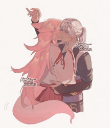  2girls alternate_costume alternate_universe animal_ears arm_up artist_name bridal_gauntlets cosplay couple english_commentary fox_ears fox_girl fox_tail from_side genshin_impact hair_between_eyes hand_on_another's_neck high_ponytail honkai_(series) honkai_impact_3rd imminent_kiss in-franchise_crossover japanese_clothes kallen_kaslana kimono kiss kissing_cheek lianyingwozuiai long_hair long_sleeves mihoyo miko multiple_girls parted_lips pink_eyes ponytail purple_kimono raiden_shogun raiden_shogun_(cosplay) sakura_ayane standing tail upper_body voice_actor_connection watermark white_hair wide_sleeves yae_miko yae_miko_(cosplay) yae_sakura yuri 