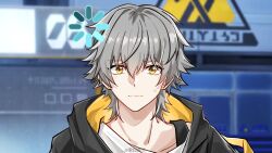  1boy artist_name black_jacket blurry blurry_background blush caelus_(honkai:_star_rail) closed_mouth collarbone commentary_request grey_hair hair_between_eyes highres honkai:_star_rail honkai_(series) hood hooded_jacket in-universe_location jacket lapels loading_icon looking_at_viewer male_focus montokusora open_clothes open_jacket shirt short_hair solo sweatdrop t-shirt trailblazer_(honkai:_star_rail) two-sided_fabric two-sided_jacket upper_body white_shirt yellow_eyes yellow_jacket 