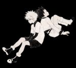  2boys black_background boots closed_mouth commentary frown full_body gon_freecss greyscale highres hunter_x_hunter jacket kgeroua killua_zoldyck layered_sleeves long_sleeves looking_at_viewer male_focus monochrome multiple_boys short_hair short_over_long_sleeves short_sleeves shorts spiky_hair symbol-only_commentary 