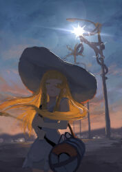  1girl absurdres bag blonde_hair cchan_tuka commentary dress gradient_sky half-closed_eyes hat highres lillie_(pokemon) long_hair orange_sky outdoors pokemon pokemon_(creature) pokemon_sm purple_sky shoulder_bag sky sun_hat twilight untranslatable_commentary white_dress white_hat xurkitree 