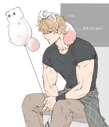  1boy animal_balloon animal_ears animal_on_head asymmetrical_hair bags_under_eyes balloon black_tank_top blonde_hair brown_pants clothes_around_waist commentary_request covered_pectorals ermine fake_animal_ears ferret holding holding_balloon korean_commentary korean_text large_pectorals looking_to_the_side male_focus messy_hair muscular muscular_male nu_carnival on_head orange_eyes pants pectorals pink_tail plaid_clothes plaid_shirt quincy_(nu_carnival) sesange shirt short_hair simple_background sitting sketch sleeves_rolled_up speech_bubble tank_top taut_clothes topper_(nu_carnival) weasel white_background wristband 