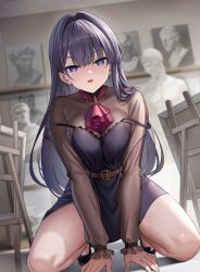  1girl :o absurdres ascot bare_legs belt black_dress black_shorts blue_eyes blush breasts breasts_squeezed_together brown_belt commentary_request dress expressionless from_below full_body highres indoors kneeling large_breasts long_hair long_sleeves looking_at_viewer looking_down medium_breasts on_floor original painting_(object) purple_hair red_ascot sculpture shirt shorts sion_(9117) sleeveless sleeveless_dress solo spread_legs strap_slip teeth thighs tiptoes upper_teeth_only v_arms very_long_hair 