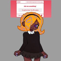  1girl alternate_costume black_hairband black_skirt black_sweater cephalopod_eyes collared_shirt cowboy_shot dark-skinned_female dark_skin english_commentary fan_request grey_background hair_over_one_eye hairband looking_at_viewer notgrease octoling orange_hair patterned_hair request_inset shirt simple_background skirt smile solo splatoon_(series) splatoon_3 strawpage sweater tao_blu_(splatoon) tentacle_hair violet_eyes white_shirt 