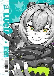  1girl absurdres animal_ears barcode black_horns blue_background character_name clip_studio_paint_(medium) commentary crossed_bangs english_commentary english_text ethereal_(zenless_zone_zero) goat_ears goat_girl goat_horns greyscale_with_colored_background grin hair_between_eyes highres horizontal_pupils horns joe_westbrook looking_at_viewer lucia_elowen pointy_ears portrait smile spot_color v yellow_eyes zenless_zone_zero 