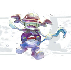  absurdres cane closed_eyes commentary_request facial_hair full_body highres holding holding_cane ice_body_(pokemon) mr._rime mustache pokemon pokemon_(creature) pokemon_ability pokemon_focus pokemon_swsh snowing solo standing standing_on_one_leg sukepmonster 