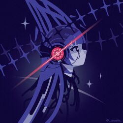  1girl artist_name black_eyes cobalta commentary_request from_side headphones herta_(honkai:_star_rail) honkai:_star_rail honkai_(series) no_mouth purple_hair solo twitter_username upper_body 
