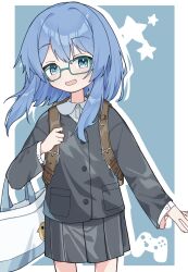  1girl backpack bag blue_eyes blue_hair blush border brown_bag buttons collared_shirt commentary_request commission cowboy_shot glasses green-framed_eyewear grey_jacket grey_skirt hand_up highres jacket looking_at_viewer medium_hair medium_skirt open_mouth original outline pleated_skirt semi-rimless_eyewear shirt skeb_commission skirt smile solo standing star_(symbol) white_border white_outline white_shirt yadorii 