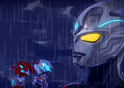  alien black_skin blue_eyes blue_gem blue_horns blue_skin chest_guard color_timer colored_skin commentary english_commentary forehead_jewel gem glowing glowing_eyes glowing_gem goku_and_vegeta_in_the_rain_(meme) head_back highres horns looking_up meme multicolored_skin night open_mouth outdoors rain red_skin silver_skin simazu_xxx tokusatsu tongue tongue_out ultra_series ultraman_arc ultraman_arc_(series) ultraman_blazar ultraman_blazar_(series) ultraman_omega ultraman_omega_(series) wet white_eyes yellow_eyes 