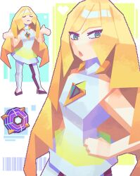  1girl andrich_galam blonde_hair dress english_commentary green_eyes hand_on_own_hip highres looking_at_viewer lusamine_(pokemon) pants poke_ball pokemon pokemon_sm solo white_dress white_pants 