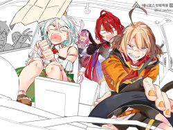  ahoge animal_ears car_interior cecilia_immergreen commentary doll_joints driving elizabeth_rose_bloodflame gigi_murin giving_up_the_ghost green_streaks hanbaagaakunkan highres hololive hololive_english huge_ahoge joints long_hair multicolored_hair multiple_girls open_mouth panther_ears panther_girl pink_hair raora_panthera red_hair scared screaming seatbelt streaked_hair tail translation_request two-tone_hair virtual_youtuber winding_key zombie 