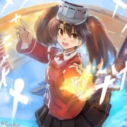  1girl black_skirt blue_sky blush brown_eyes brown_hair commentary_request edobox japanese_clothes kantai_collection kariginu long_hair long_sleeves looking_at_viewer magatama one-hour_drawing_challenge onmyouji open_mouth pleated_skirt rigging ryuujou_(kancolle) scroll shikigami skirt sky solo tassel twintails twitter_username visor_cap water 