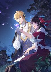  1boy 1girl :d aquarius_(artist) ascot belt black_belt black_cape black_footwear black_hair blonde_hair blunt_bangs boots bow cape capelet clouds couple dress ear_covers feet_out_of_frame flower for_all_time frilled_dress frilled_sleeves frills gloves grass green_eyes grey_gloves grey_vest hair_between_eyes hair_bow heroine_(for_all_time) hetero highres holding_hands jewelry lapels light_particles long_dress long_hair long_sleeves looking_at_flowers luchen medium_hair necklace night object_floating_above_hand outdoors pants parted_lips petals purple_flower red_bow red_dress shawl_lapels shirt single_ear_cover sitting sky sleeves_past_elbows smile star_(sky) starry_sky teeth thigh_boots tree upper_teeth_only vest violet_eyes white_ascot white_capelet white_pants white_shirt 