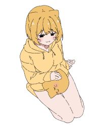  1girl :3 animal_ears blob_(google) blobcat blush bob_cut breasts cat_ears cat_girl closed_eyes creature_and_personification facial_mark highres hood hood_down hoodie lap_pillow large_breasts long_sleeves matatabeat misskey.io naked_hoodie orange_hair orange_hoodie orange_socks personification short_hair simple_background sitting sleeves_past_wrists socks whisker_markings white_background 