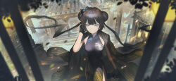  1girl architecture black_dress black_gloves black_hair blue_archive braid braided_bun breasts briefcase butterfly_hair_ornament china_dress chinese_clothes coat coat_on_shoulders commentary cowboy_shot double_bun dragon_print dress east_asian_architecture english_commentary floating_hair gloves grey_eyes grey_halo hair_bun hair_ornament halo hand_up highres holding holding_briefcase kisaki_(blue_archive) long_hair looking_to_the_side nai_ga parted_lips pelvic_curtain pinstripe_pattern print_dress side_slit sleeveless sleeveless_dress small_breasts solo striped_clothes striped_coat twintails vertical-striped_clothes vertical-striped_coat 