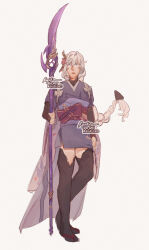  1girl alternate_costume alternate_universe artist_name black_thighhighs blue_eyes bow braid bridal_gauntlets cosplay english_commentary engulfing_lightning_(genshin_impact) flower_knot full_body genshin_impact hair_between_eyes hair_bow hair_ornament highres holding holding_polearm holding_weapon honkai_(series) honkai_impact_3rd in-franchise_crossover japanese_clothes kallen_kaslana kimono lianyingwozuiai long_braid looking_to_the_side mihoyo parted_lips polearm purple_kimono raiden_shogun raiden_shogun_(cosplay) red_sash sash simple_background single_braid solo standing thigh-highs watermark weapon white_hair 