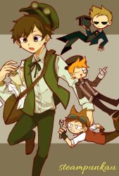  4boys alternate_costume alternate_universe animification bad_id bad_twitter_id bag black_coat black_gloves black_hat black_pants blue_jacket blue_pants borrowed_design brooch brown_bag brown_hair brown_shoes clenched_teeth coat collared_shirt commentary deformed edd_(eddsworld) eddsworld falling finger_gun fingerless_gloves gloves goggles goggles_on_head goggles_on_headwear green_eyes green_hat green_pants green_vest grey_gloves hair_ears hat highres holding holding_unworn_clothes holding_unworn_hat holding_wrench hollow_eyes jacket jewelry jitome kion-aaaaa long_sleeves male_focus matt_(eddsworld) monocle multiple_boys one_eye_closed open_clothes open_jacket open_mouth open_vest orange_hair pants red_vest shirt shoes short_hair shoulder_bag sleeves_rolled_up spiky_hair standing standing_on_one_leg steampunk suit sweatdrop swept_bangs teeth tom_(eddsworld) toon_(style) top_hat tord_(eddsworld) unworn_hat unworn_headwear vest white_shirt wrench 