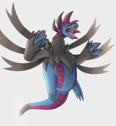  black_sclera colored_sclera commentary_request dragon fangs highres hydreigon kihada_magulo multiple_heads no_humans open_mouth pokemon pokemon_(creature) pokemon_focus simple_background solo violet_eyes 