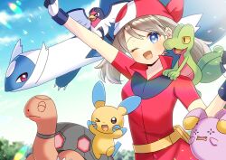  1girl ;d arm_up blue_eyes blue_sky blurry blurry_background blush brown_hair clouds collared_shirt commentary_request commission day depth_of_field dress_shirt gloves hand_up highres kou_hiyoyo latios may_(pokemon) minun on_shoulder one_eye_closed outdoors outstretched_arm pixiv_commission pokemon pokemon_(creature) pokemon_rse red_shirt shirt short_sleeves sky smile taillow treecko whismur white_gloves 