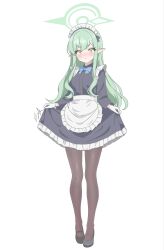 1girl blue_archive blush halo long_hair looking_at_viewer maid skirt_lift twintails