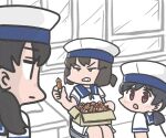  acorn black_hair blue_sailor_collar box brown_eyes clenched_teeth daitou_(kancolle) depth_charge dress ferret-san hat hiburi_(kancolle) kantai_collection low_ponytail sailor_collar sailor_dress sailor_hat short_hair short_ponytail short_sleeves shounan_(kancolle) teeth twintails white_dress white_headwear 