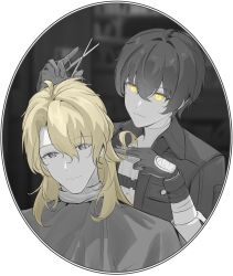 2boys blonde_hair blurry blurry_background closed_mouth commentary_request cyberdark233 gloves glowing glowing_eyes hair_between_eyes highres holding holding_scissors jacket limited_palette luuk_herssen_(wuthering_waves) male_focus male_rover_(wuthering_waves) multiple_boys rover_(wuthering_waves) scissors smile wuthering_waves yellow_eyes 
