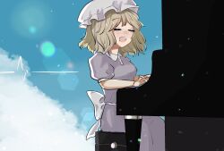  1girl back_bow blonde_hair bow closed_eyes contrast_collar dress enuchi_(jvdm7888) highres instrument maribel_hearn music open_mouth outdoors playing_instrument playing_piano puffy_short_sleeves puffy_sleeves purple_dress sash short_sleeves sitting sleeve_cuffs solo teeth touhou upper_teeth_only white_bow white_sash 