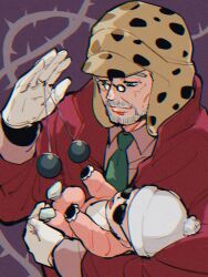  1boy 1girl abunaideka baby beanie beard bola_(weapon) brown_hat carrying carrying_baby carrying_person coat connected_beard diamond_wa_kudakenai facial_hair gloves grandfather_and_granddaughter green_necktie hat highres jojo_no_kimyou_na_bouken joseph_joestar joseph_joestar_(old) necktie old old_man open_mouth pince-nez red_coat shizuka_joestar sunglasses white_gloves 