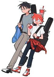  2boys arm_up belt black_hair black_pants blue_shirt brown_belt clothes_around_waist commentary cup disposable_cup double-parted_bangs dutch_angle grey_pants grey_shirt guitar_case holding holding_cup imaizumi_shunsuke instrument_case looking_to_the_side male_focus multiple_boys naruko_shoukichi o_omome pants plaid_clothes plaid_shirt red_hair red_shirt shirt shirt_around_waist shirt_tucked_in shoes short_hair sideways_glance simple_background sneakers untranslatable_commentary white_background wristband yowamushi_pedal 