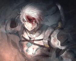  1boy armor blood blood_on_arm blood_on_face chaos_galahad_(grimms_notes) clenched_teeth grey_armor grimms_notes hair_between_eyes half-closed_eyes highres looking_ahead male_focus pauldrons red_eyes short_hair shoulder_armor solo teeth upper_body v-shaped_eyebrows wind yako_(pzy) 