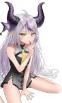  absurdres ascot bare_shoulders braid braided_bangs highres hololive holox horns la+_darknesss landl lipstick long_hair makeup multicolored_hair pointy_ears purple_hair sitting streaked_hair striped_horns virtual_youtuber wariza yellow_ascot yellow_eyes 
